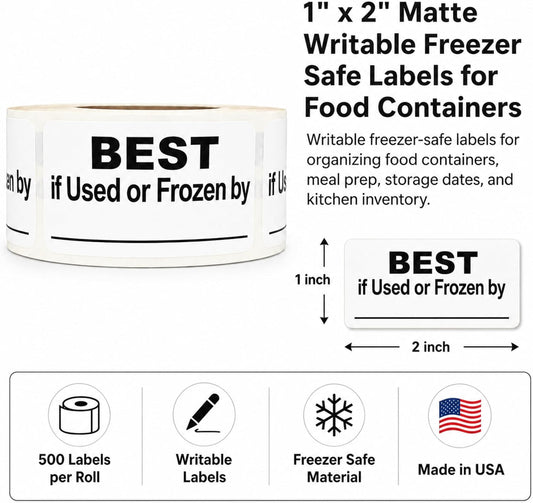 Writable Removable Freezer Food Date Labels, 1 x 2, 500/Roll | Best if Used or Frozen by Stickers for Meal Prep, Leftovers, Restaurants, Delis, Bakeries and Cold Storage. Made in USA
