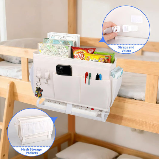 2Pcs Bedside Caddy for Dorm Bed Bedside Organizer, Bedside Storage with 10 Pockets and Power Strip Holder, Multifunctional Bedside Pocket for Home, College, Dorm, Bunk/Hospital/Crib Bed (Beige)