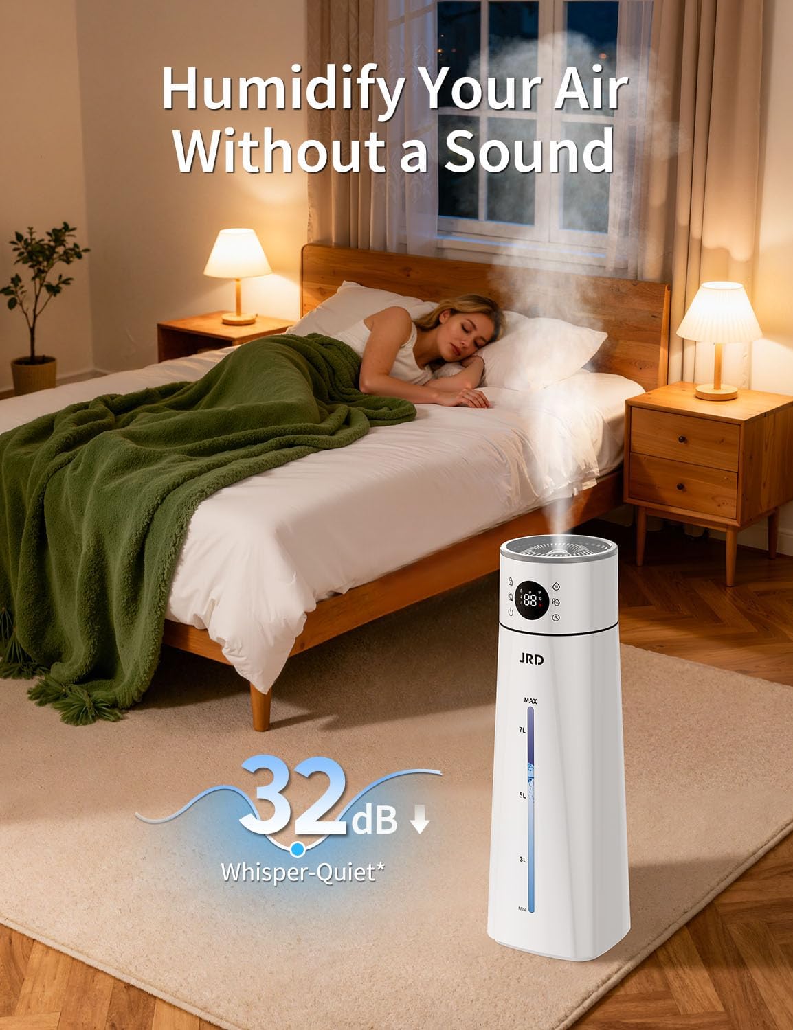JRD Humidifier Large Room 8L/ 2.1Gal, Ultrasonic Cool Mist for Bedroom, Quiet Humidifier with Remote Control, 10 Mist Modes, 24H Timer, Night Light, AI Mode, 40H Run for Home Office(Grey)