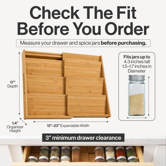 Bamboo Spice Drawer Organizer, Expandable 12 to 23 Inch Insert Holds 48 Jars, 4 Tier Seasoning Rack for Kitchen Drawer or Countertop, Adjustable Wood Spice Organizer