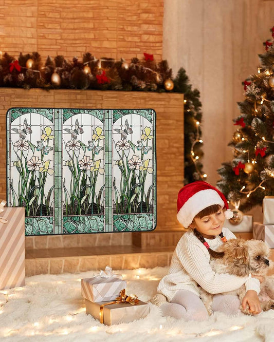 Vintage Butterfly Magnetic Fireplace Cover 36"x27",Floral Plant Stained Glass Chinese Art Decorative Fireplace Blanket Insulation Cover for Heat Loss,Indoor Outdoor Fireplace Draft Stopper Covers