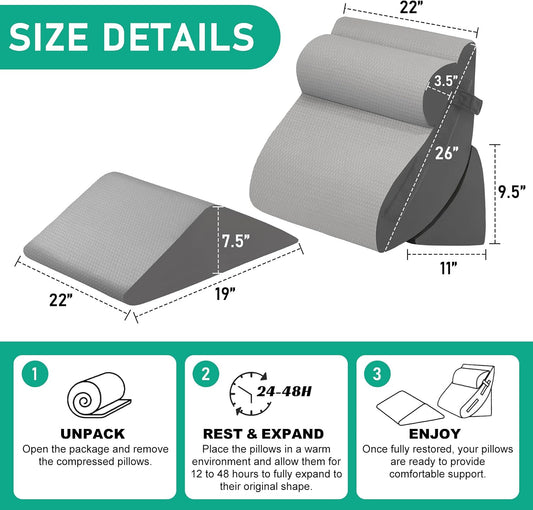 4PCS Wedge Pillow Set for After Surgery, Orthopedic Bed Wedge Pillow for Back Pain Relief, Sitting Up in Bed, Acid Reflux, Adjustable Post Surgery Pillows for GERD, Snoring, White/Grey
