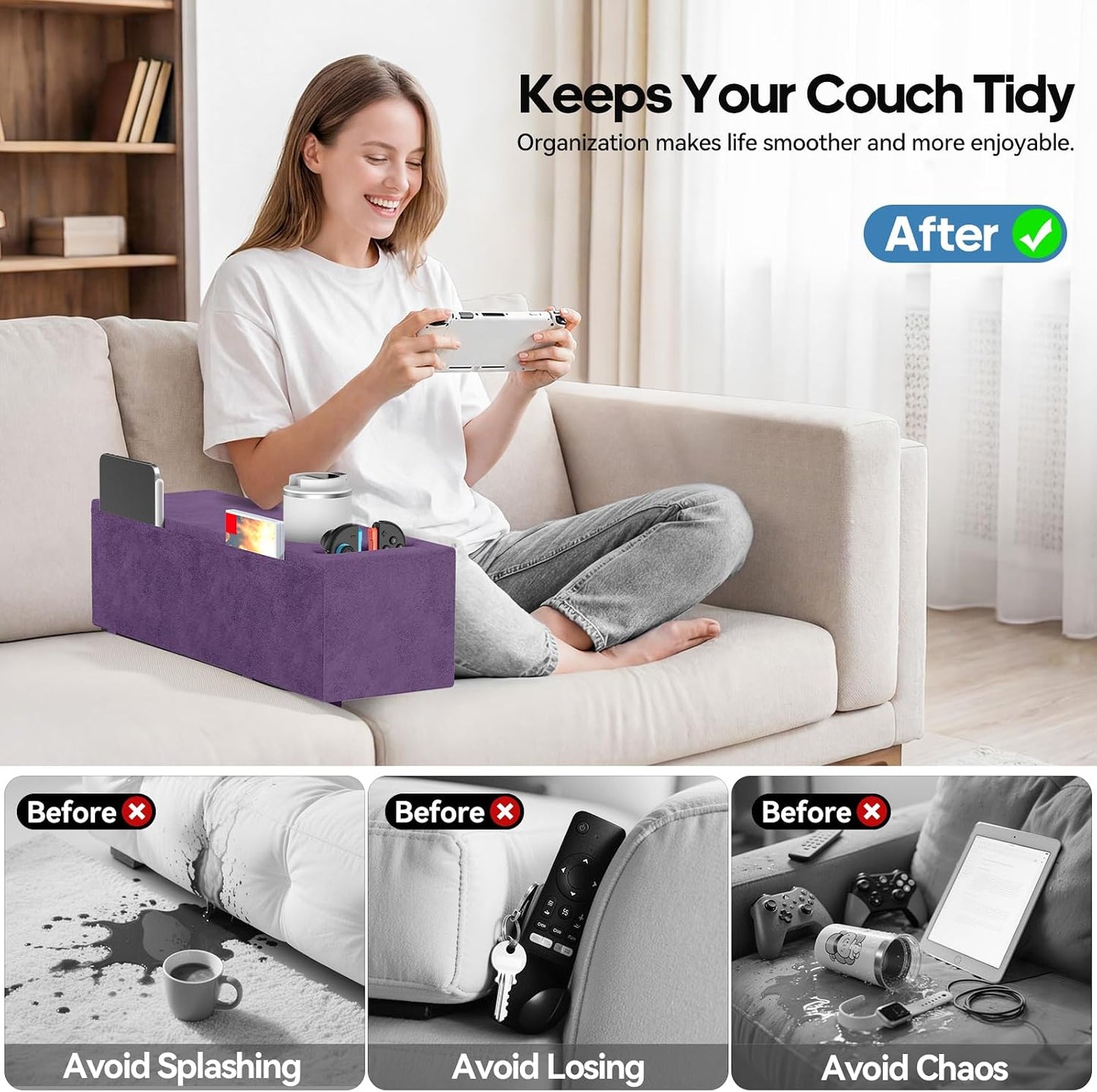 Removable Sofa Armrest Couch Caddy with Cup Holder Insert Between Cushions | Sofa Accessories Storage, Couch Armrest Pillow Table with Drink Holder
