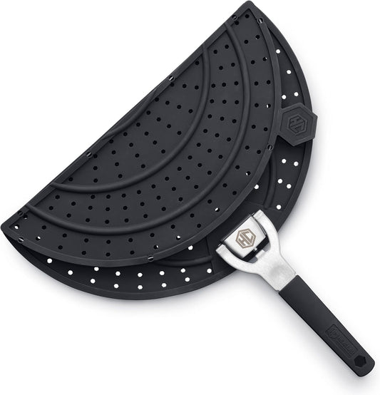 HexClad Folding Grease Splatter Screen for Frying, Up to 12" Pans | Folding Design, Heat-Safe to 480°F, Stay-Cool Locking Handle, Silicone and Stainless Steel, Dishwasher-Safe