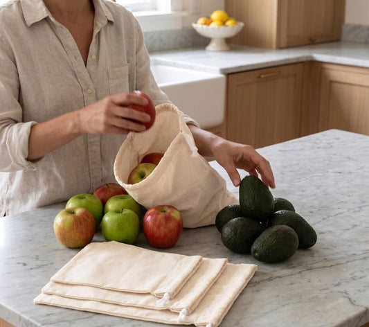 PurpleEssences Reusable Drawstring Bags, Set of 6, Natural | Drawstring Bags for Vegetables, Fruits, Bread, Grains, Washable Cloth Bags for Shopping and Refrigerator Use - Natural