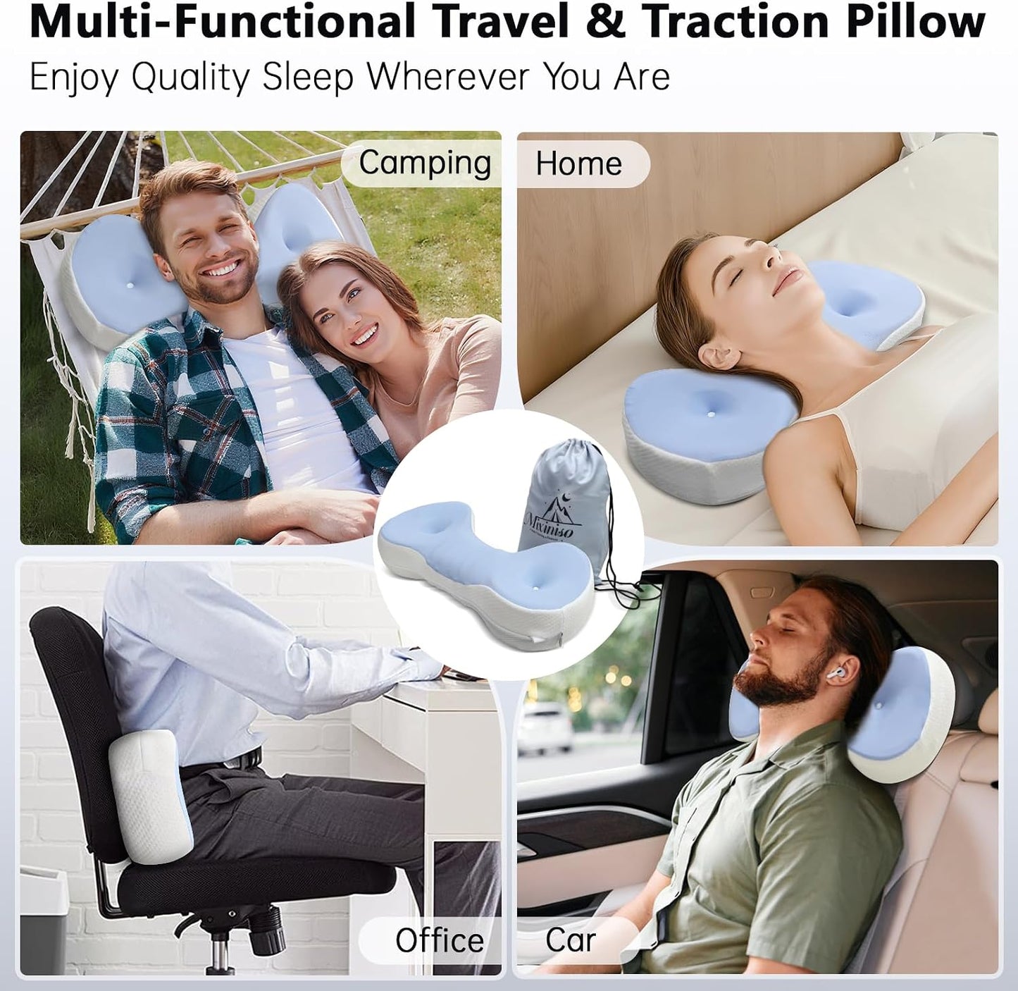 Cervical Neck Roll Pillow, Say Goodbye to Neck Pain, Travel Neck Support Pillow for Side Sleepers, Ergonomic Memory Foam Camping Pillow, Cervical Traction Device with Storage Bag