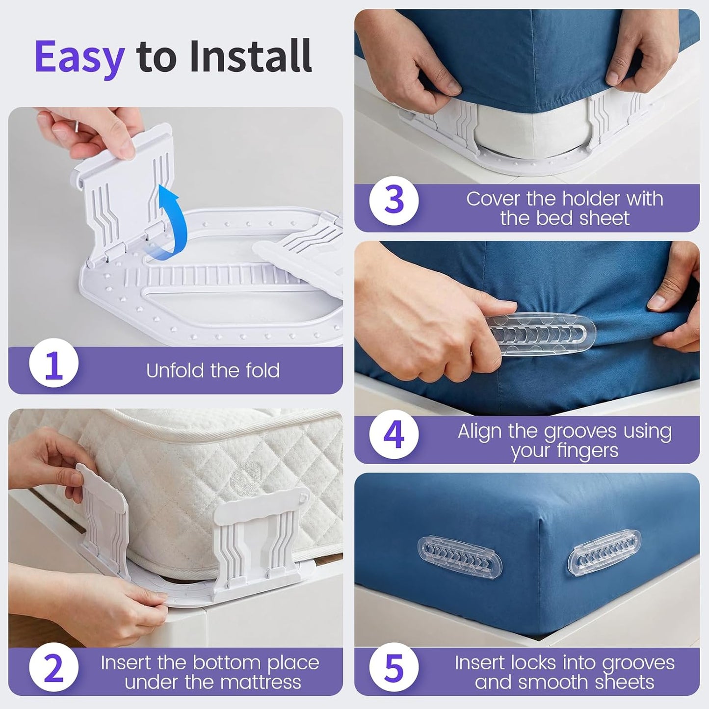 Bed Sheet Holders - 4 Pack Foldable Sheet Fasteners for Mattress Corners, Open Corner Bed Sheet Holder Clips with Gentle Sliding Locks, Tug-Proof Sheet Grippers Keep Sheets Tight All Night