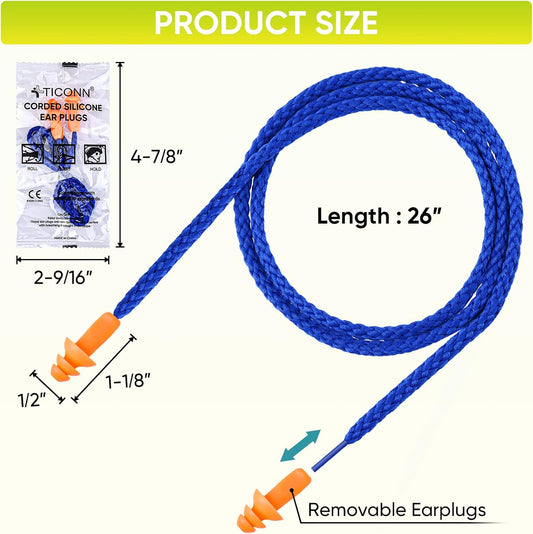 TICONN 12 Pairs Corded Silicone Ear Plugs for Noise Reduction, 25 dB NRR