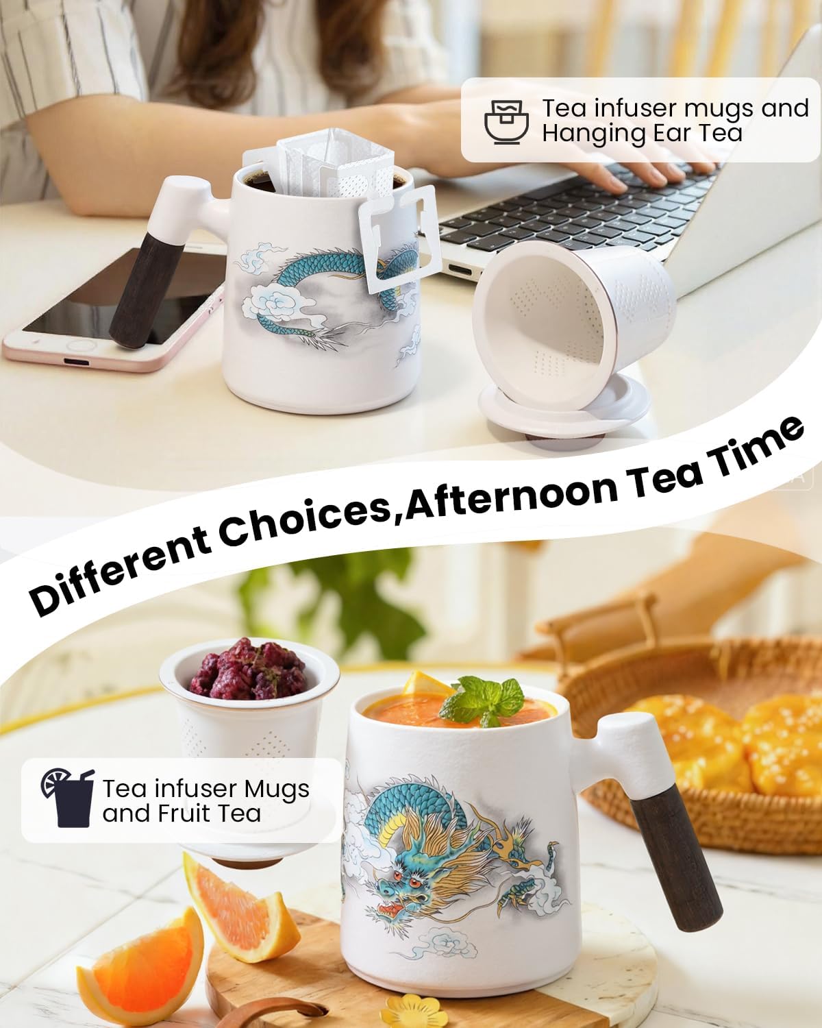 Ceramic Tea Infuser Cup with Lid,Loose Leaf Tea Mug,Dragon | 13.5oz,All Ceramic Infuser,Lead & BPA Free,Heat Resistant Wood Handle,Hand Wash Only,Tea Lovers Gifts