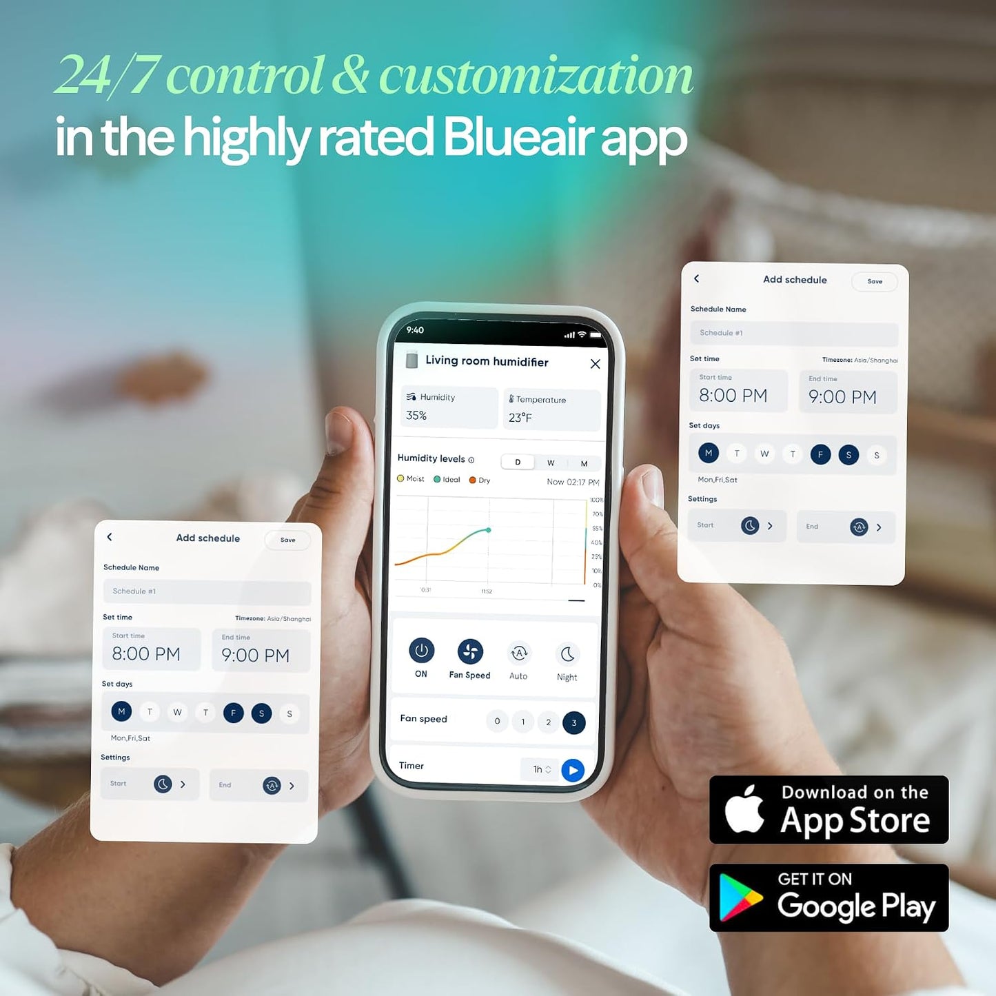 BLUEAIR Premium Smart Humidifier for Large Rooms, Bedrooms, Better Sleep with Evaporative Invisible Mist Tech, Auto Humidify, Easy Top Fill, Smart Control with App, Touchscreen, 3.5L Tank for 48 hours