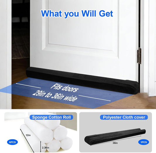 39" Door Draft Stopper - Adjustable Under Door Blocker, Double Sided Weather Stripping for Noise & Dust Proof - Universal Fit (Removable Fabric/Sponge)(Black)