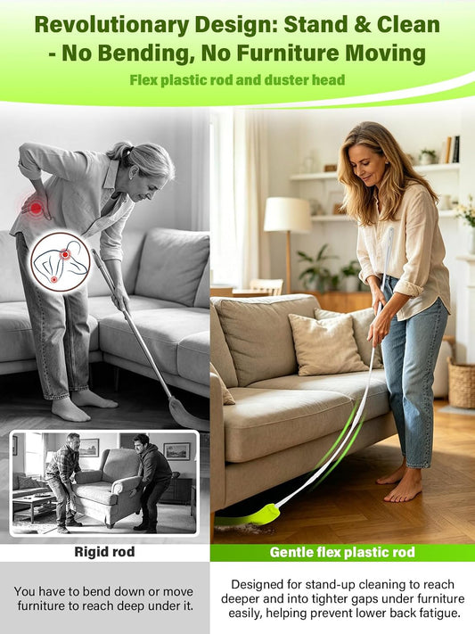 Bend-Free Gap Dust Cleaner Cleaning Tools Washable Flat Duster Brush with 4 Microfiber Chenille Dusting Cloths Long Handle 56 inches for Cleaning Under Appliances Furniture Couch Bed Fridge