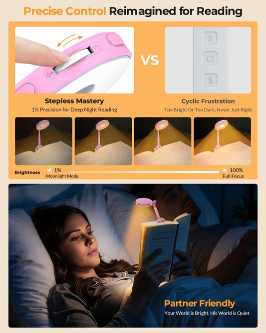 18 LED Rechargeable Clip On Book Light for Reading in Bed | Eye Caring 3 Color Temps, Silent Stepless Dimming, Auto-Off Timer, Memory, 80Hrs Runtime Compact Bedside Gift for Book Lovers