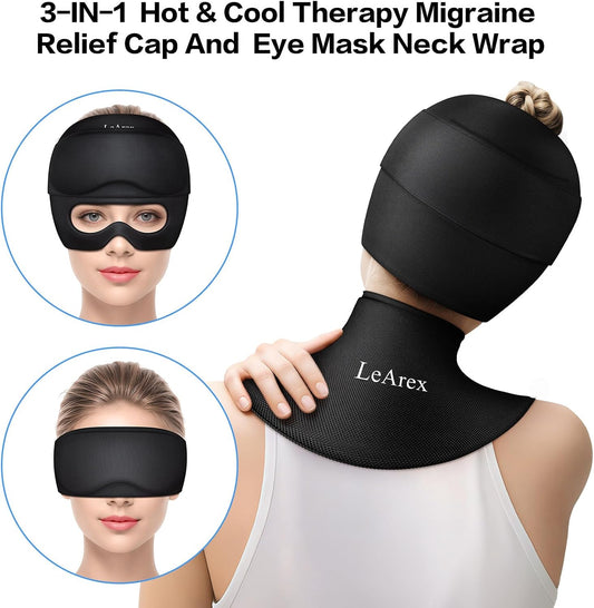 3 in 1 Migraine Relief Cap Neck Ice Pack Wrap Gel and Ice Eye Masks, Detachable Ice Caps with Eyes Masks, Hot and Cold Therapy for Relief of Headaches, Stiff Neck and Eye Fatigue (Purple)