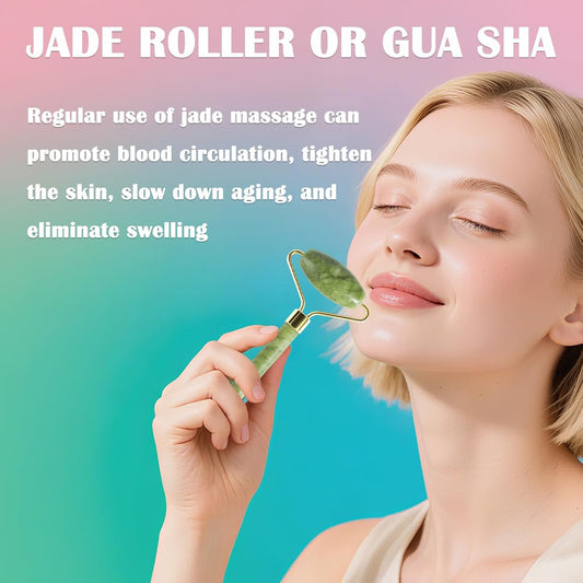 Jade Roller Gua Sha Tools - Nature Gua Sha Facial Tool Skin Tightening Face Massager Anti-Aging Jade Face Roller Puffiness Reducing Guasha Stone for Women Men(Green)