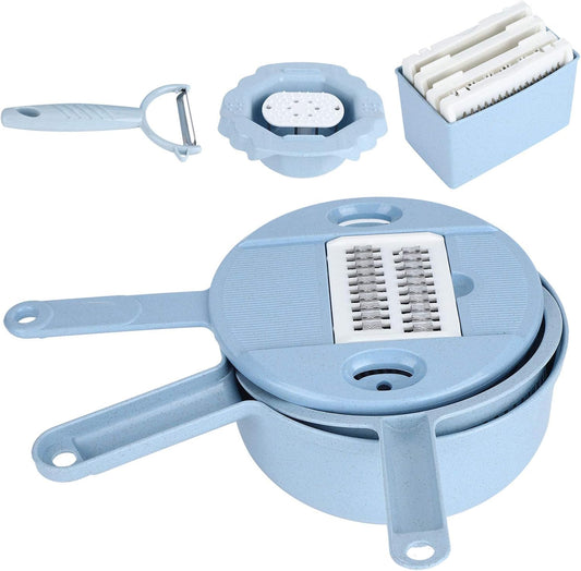 Food Shredder, Manual Vegetable Cutter Potato Grater Food Chopper with 4 Interchangeable Blades Storage Container Finger Guard Wheat Straw PP Kitchen Accessory for Home Meal Prep
