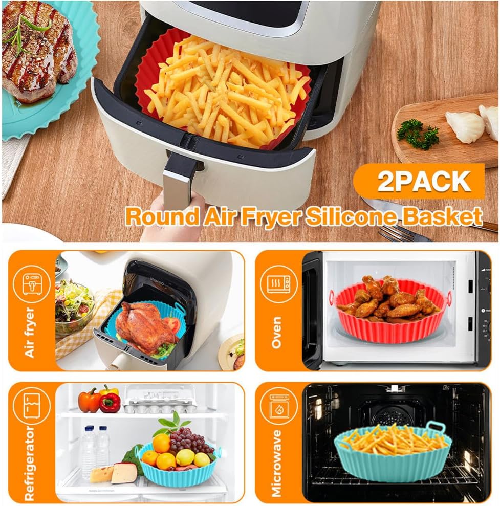 2 Pack Air Fryer Silicone Liners Pot for 3 to 5 QT, BPA-Free, Food Grade Airfryer Basket Bowl, Replacement of Flammable Parchment Paper, Reusable Baking Tray Oven Accessories(Top 8in, Bottom 6.75in)…