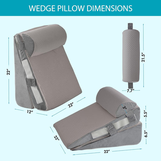 3Pcs Wedge Pillow Set for After Surgery,Acid Reflux Relief, Adjustable Bed Wedge Pillows for Sleeping,Anti Snore, Memory Foam Triangle Pillow for Back&Neck&Shoulder Pain Relief, White&Grey