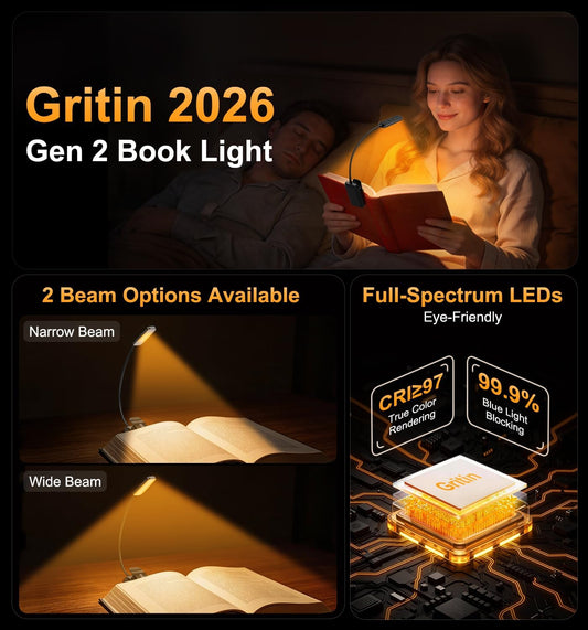 Gritin 2026 Gen 2 Book Light for Reading- 30 Eye Caring Full Spectrum LED | 5 Colors & 5 Brightness, Adjustable Wide/Narrow Beam, Upgrade 1500mAh Long-Lasting Rechargeable Clip on Light for Book Lovers