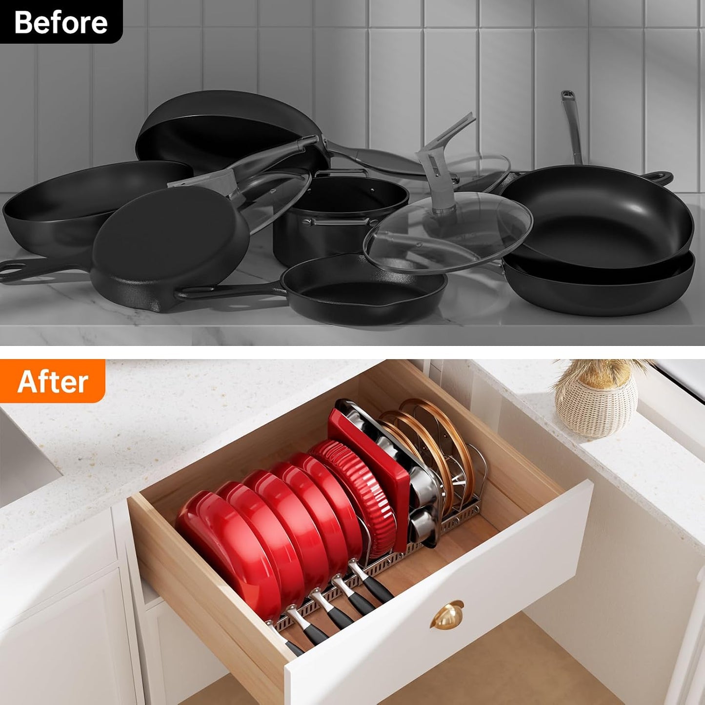 MUDEELA Expandable Pot Pan Lid Organizers inside Cabinet, 10 Divider-Black | Expandable 11.8–22.9", 10 Adjustable Divider, Tool-Free Assembly, Non-Slip, Scratch-Proof, For Pan Lid Cutting Board Bakeware