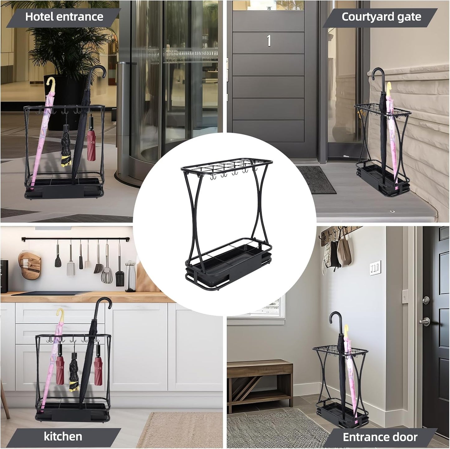 15 Slot Umbrella Stand with 8 Hooks – Heavy Duty Metal Indoor Umbrella Rack Holder with Removable Drip Tray – Large Commercial Entryway Organizer for Office, Lobby or Home