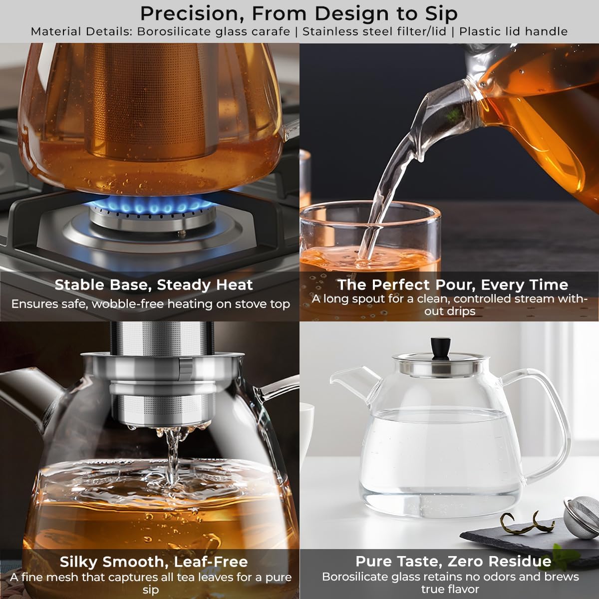 Aquach 42oz Glass Teapot with Infuser, Stovetop Safe Tea Kettle | Dishwasher Safe, Borosilicate Glass, Daily Sharing Capacity, Precise Loose Leaf Filter