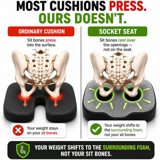 Socket Seat Cushion for Sit Bone, Ischial Tuberosity & Tailbone Pressure Relief – Ischial Bursitis, Hamstring & Piriformis Support – Firm Memory Foam Seat Cushion for Office Chair & Car