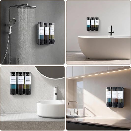 Shampoo and Conditioner Dispenser,Shower Soap Dispenser 3 Chamber No Drill Wall-Mounted Shampoo Dispenser for Shower Wall Mounted Shower Dispenser for Bathroom Hotel Large Capacity,Dark Gray1