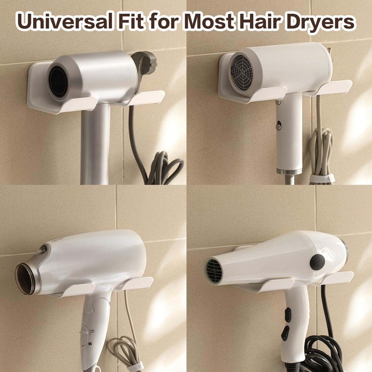 Universal Hair Dryer Holder Wall Mount, Blow Dryer Hanger with Plug Cord Organizer, No Drilling Self Adhesive for Bathroom Cabinet Door Vanity (1PCS, White)