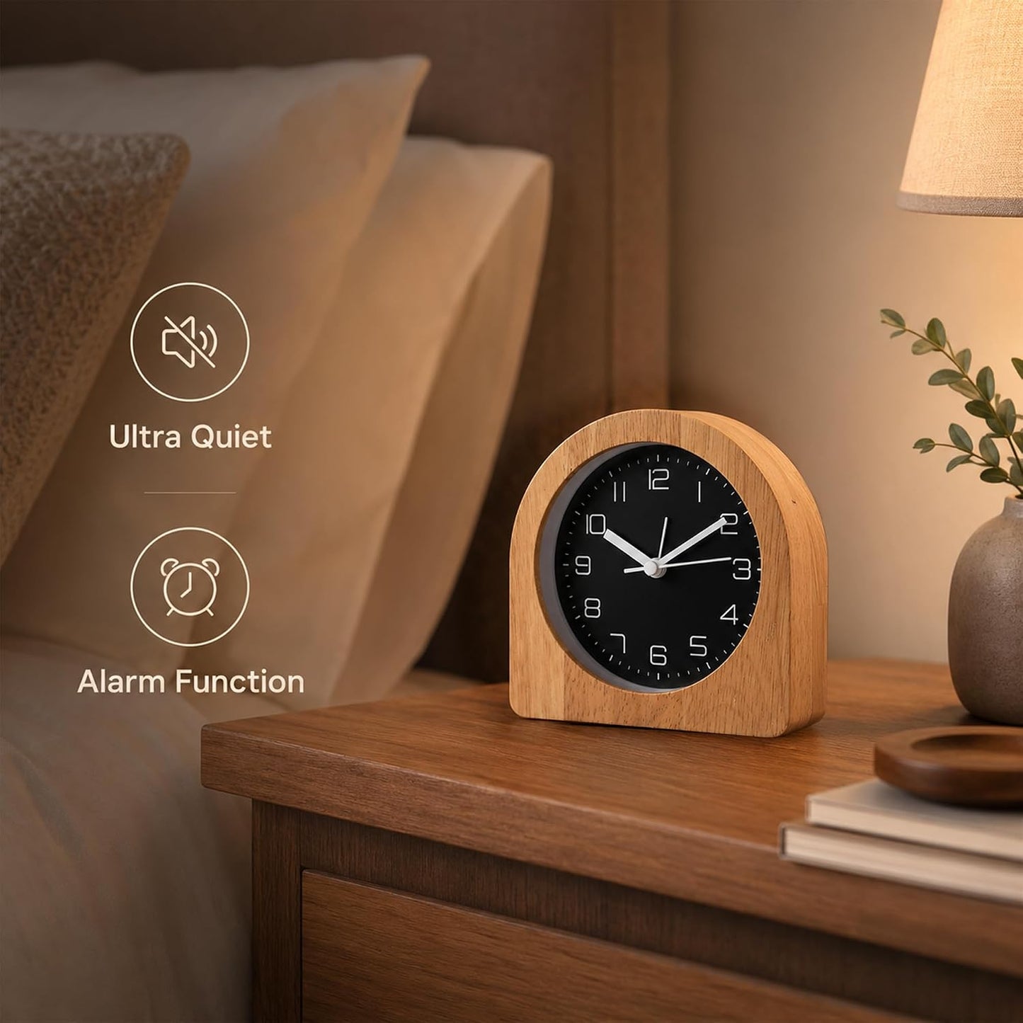 Analog Alarm Clock 5" Silent Non-Ticking Small Solid Wood Desk Clocks Battery Operated Simple Style Retro Table Clock for Office/Bedroom/Kitchen/School/Bedside/Shelf (Light Wood, Arch)