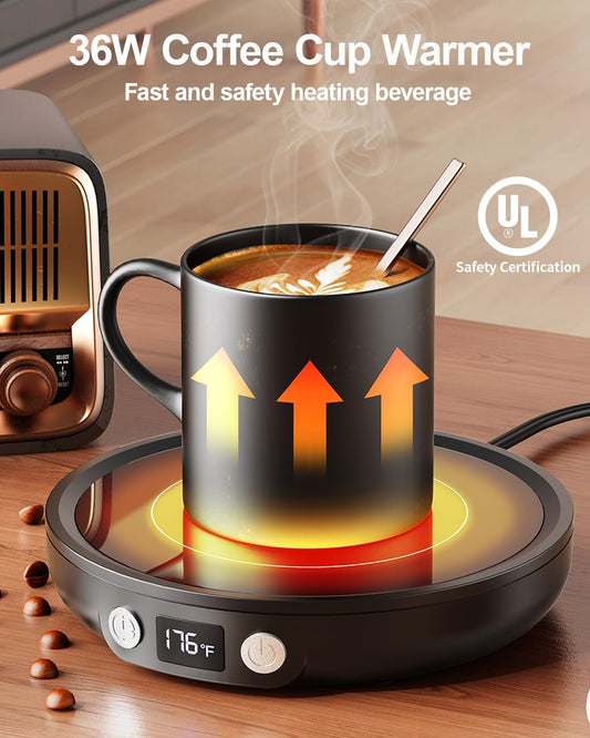 SWEETFULL Mug Warmer for Desk, Coffee Cup Warmer with Timer - Black | 36W Fast Heating, 3-Temp Setting, Digital Display, 2-12H Timer, Smart Electric Coffee Candle Plate, Ideal Gifts for Women Men