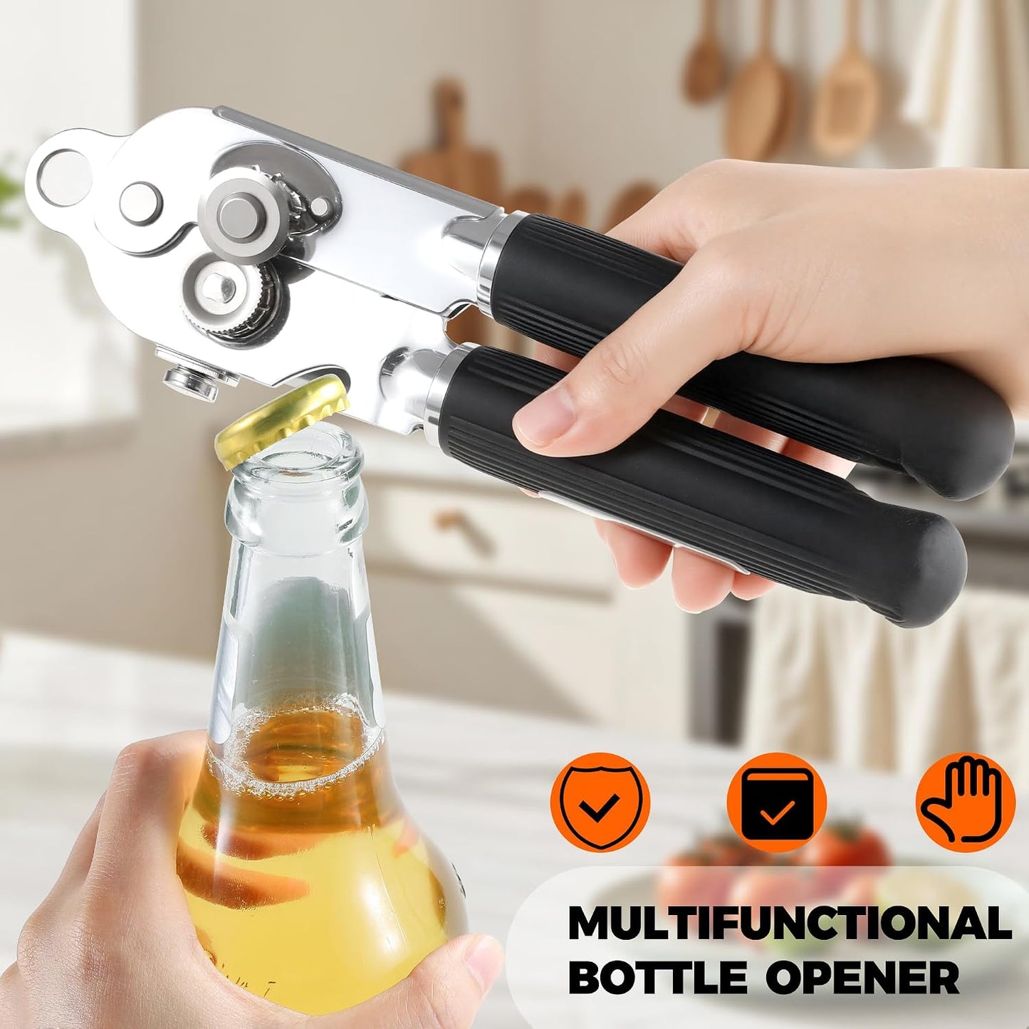 Can Opener Manual Stainless Steel with Magnet | Heavy duty,Oversized knob,Magnet lifts lids,Non slip grip,Bottle opener built in,Easy for arthritis