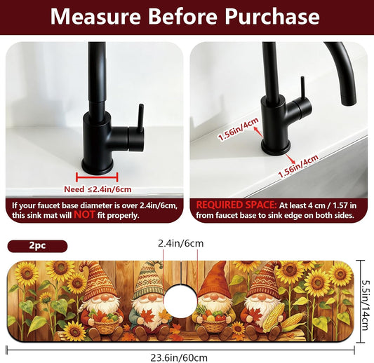 2Pcs Peonies Kitchen Sink Splash Guard Faucet Mat Vintage Florals Faucet Mat For Bathroom Kitchen 5.5x23.6In