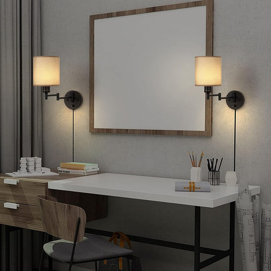 CADUKE Plug in Wall Light Set of 2, Swing Arm Wall Lamps, Modern Bedroom Wall Sconce Fixtures with Linen Lampshade for Reading Hallway Living Room