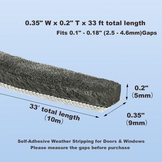 Strong Self-Adhesive Brush Weather Stripping Door Seal Strip | 0.35" Wide x 0.2" Thick x 33 ft, Draft Stopper, Soundproof & Insulation for Exterior Front Doors & Sliding Windows, Gray