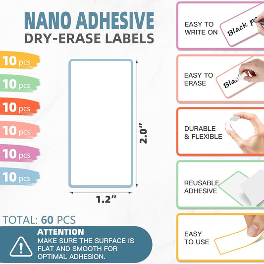 PPB Dry Erase Labels Stickers, Reusable Waterproof Removable Notes for Storage Bins, Freezer, Kitchen, Classroom, Whiteboard, All Purpose Use (1.2”x 2”, Multicolor, 60 Dots)