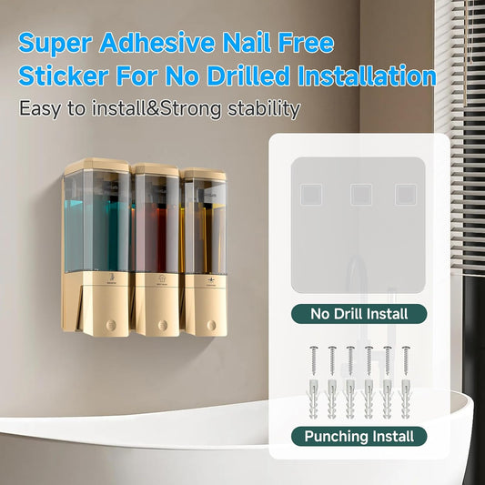 Shampoo and Conditioner Dispenser,Shower Dispenser 3 Chamber No Drill Shampoo Dispenser for Shower Wall Mounted Shower Soap Dispenser for Bathroom Hotel,Large Capacity 3 * 500ML,Gold