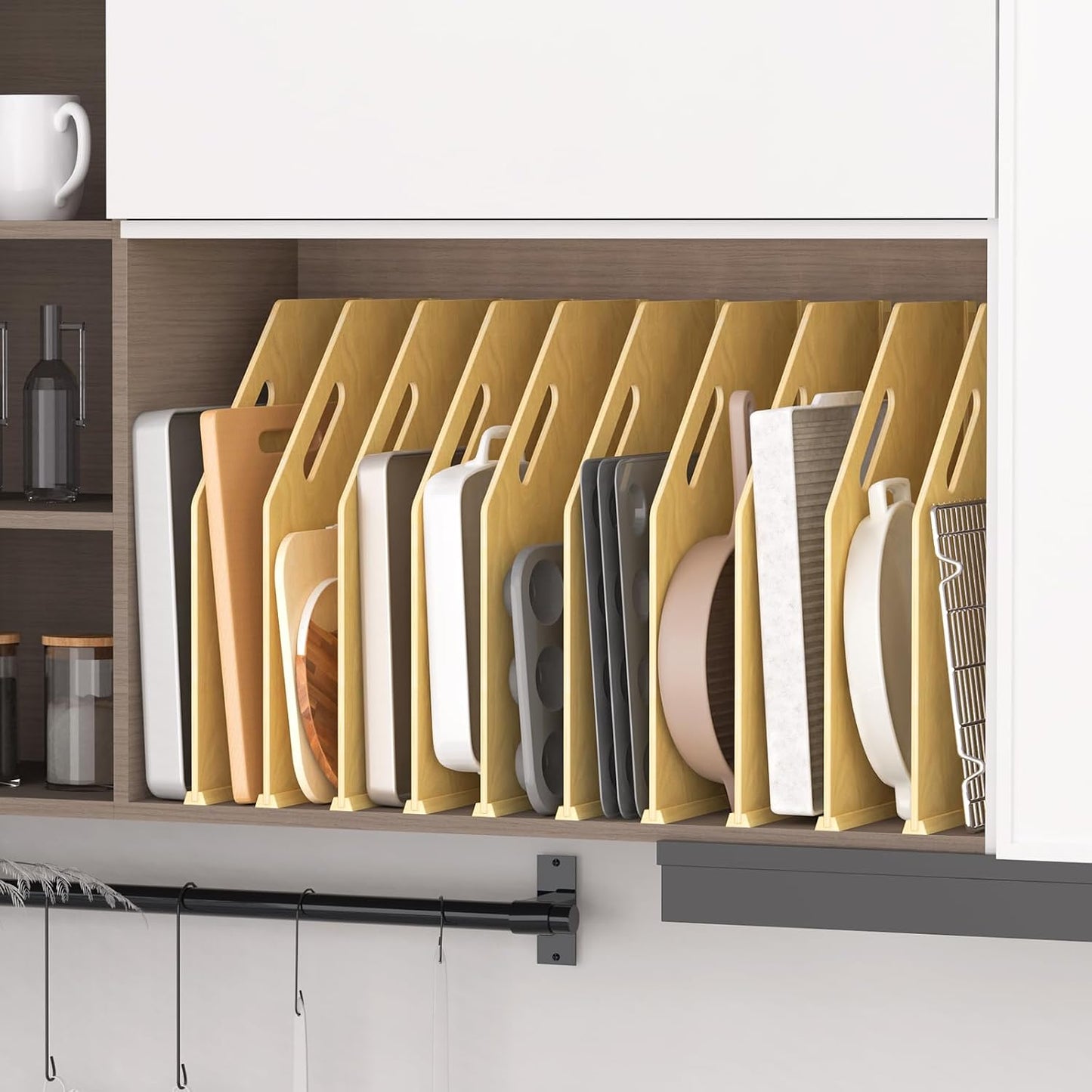 4 Pack Wood Tray Dividers for Cabinet, Cookie Sheet Organizer for Cabinet | No cutting required, Premium Wood, 2 Assembly Methods, Kitchen Cabinet Dividers for Storing pans, Baking tray, Cutting Board