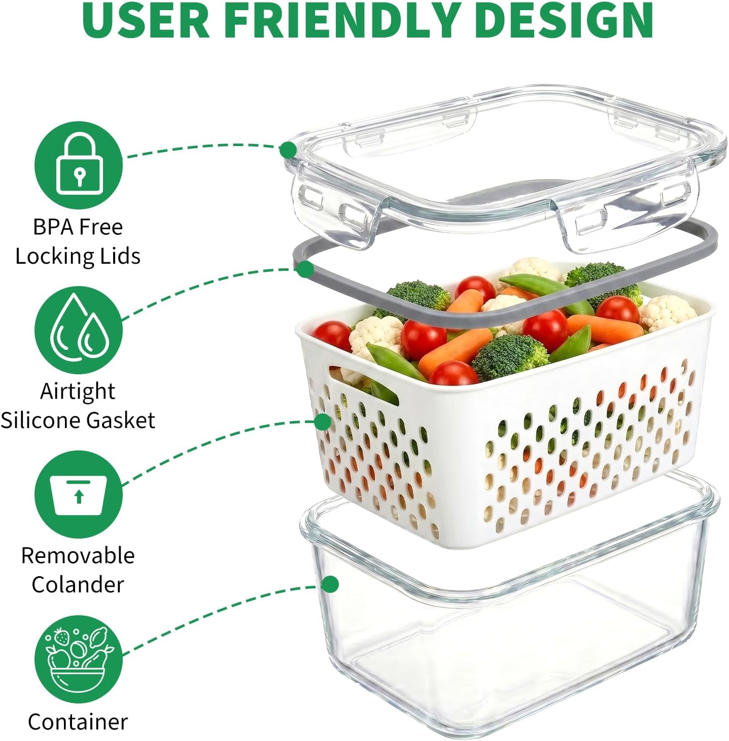 Vegetable Containers for Fridge, Stay Fresh Fruit Vegetable Storage Containers with Lid and Removable Colander, Stackable Vegetable Storage for Berry Salad Lettuce Vegetables Meat Various Food, 3PCS