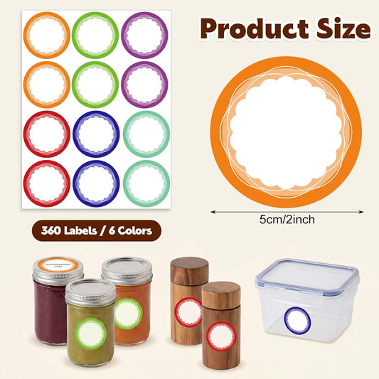 360 Pcs Canning Jar Labels, 2 Inch Round Removable Stickers, 6 Colors | Writable Labels, Easy Peel, No Residue, For Jars, Bottles, Pantry, Meal Prep, Gift Wrap And Party Favors