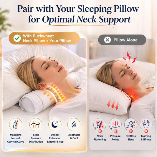 Buckwheat Pillow for Neck Pain, Organic Buckwheat Hull Neck Roll, Adjustable Cervical Support Bolster for Sleeping, 100% Cotton Cover, Breathable & Cooling (Standard Size, White)