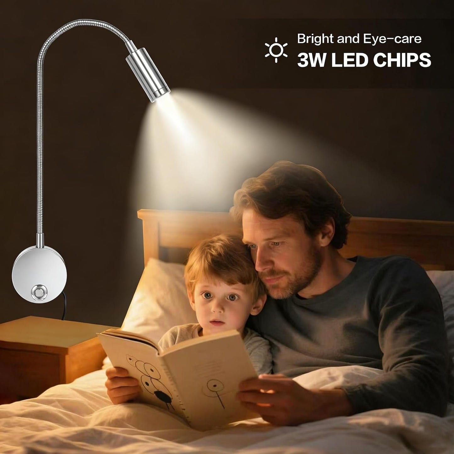 Reading Light for Bed, Wall Mounted Reading Lights with 15" Flexible Gooseneck, Touch Control, 3 Colors Temperature and Stepless Dimmable, Plug in Headboard Book Light(2 Pack)