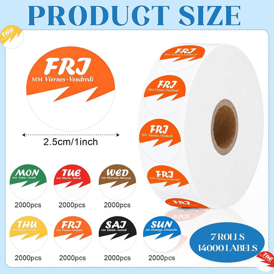 14000 Pcs Day of The Week Labels Bulk 1 Inch Food Label Date Dots Monday to Sunday Removable Inventory Management Self Adhesive Sticker for Kitchen Restaurant Container Organization