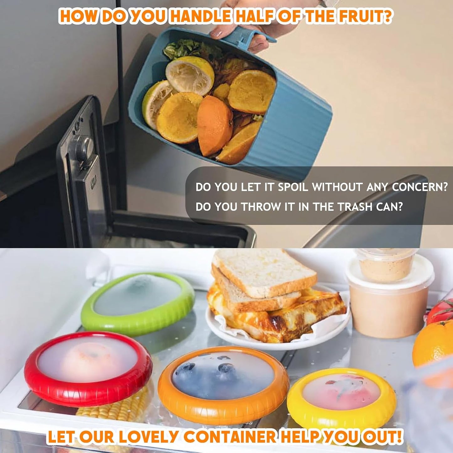 4 PCS Silicone Fruit and Vegetable Containers for Fridge, Reusable Fruit Storage Box, Silicone Food Storage Containers Set - (Green, Red, Yellow, Brown), Airtight Storage Box with Lid