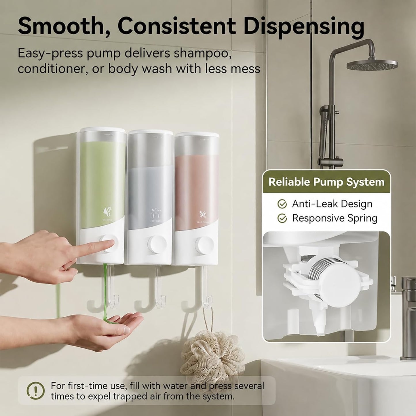 Shampoo and Conditioner Dispenser Wall Mounted with Hooks, 3-Chamber 1200ML Shower Soap Dispenser, No-Drill Bathroom Shower Organizer for Shampoo, Conditioner, Body Wash(Gun Grey)