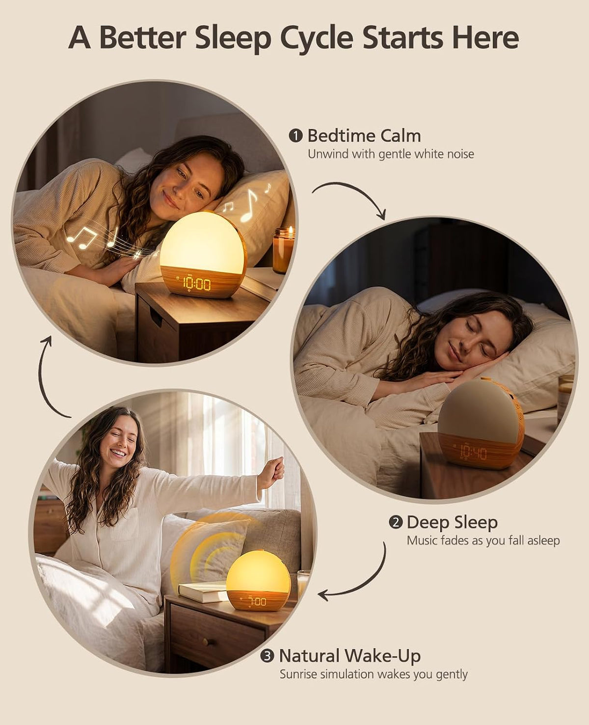 Wood Grain White Noise Sound Machine Sunrise Alarm Clock with 30 Soothing Sounds, 17 Night Lights, Bluetooth Speaker Wake Up Light Alarm Clocks for bedrooms, Heavy Sleepers, Baby, Kids