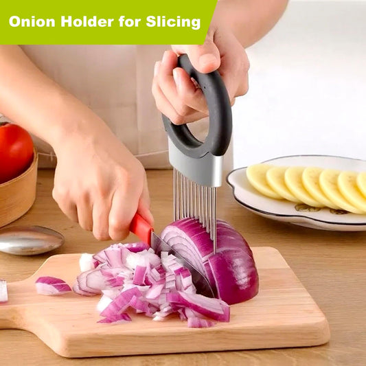 Onion Holder for Slicing, Onion Cutter with Stainless Steel soap Tomato Potato Slicer, Meat Tenderizer Tool, Convenient Grip Food Slicer Assistant, Food Slice Guide for Vegetable Fruit