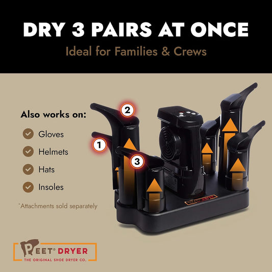 PEET Family Electric Boot & Shoe Dryer for 3 Pairs, 6 DryPorts | Dries Multiple , No Rotating, Silent & Always-On, For Ski & Work Boots, Kids Shoes, Made in USA