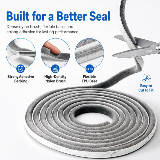 20FT Brush Weather Stripping, Self-Adhesive Pile Door Seal Strip for Sliding Doors and Windows, Felt Weatherstrip Draft Stopper, Soundproof Dustproof Window Gap Seal, Gray