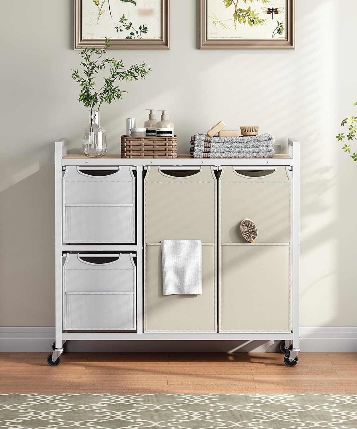 HOOBRO Laundry Sorter with 4 Section, 39 Gal. (147 L) Laundry Hamper with Wheels, Rolling Laundry Basket with Shelf, Pull-Out Detachable Bags, Side Pockets, Rustic Brown, Black and Beige BFE14XY01N1